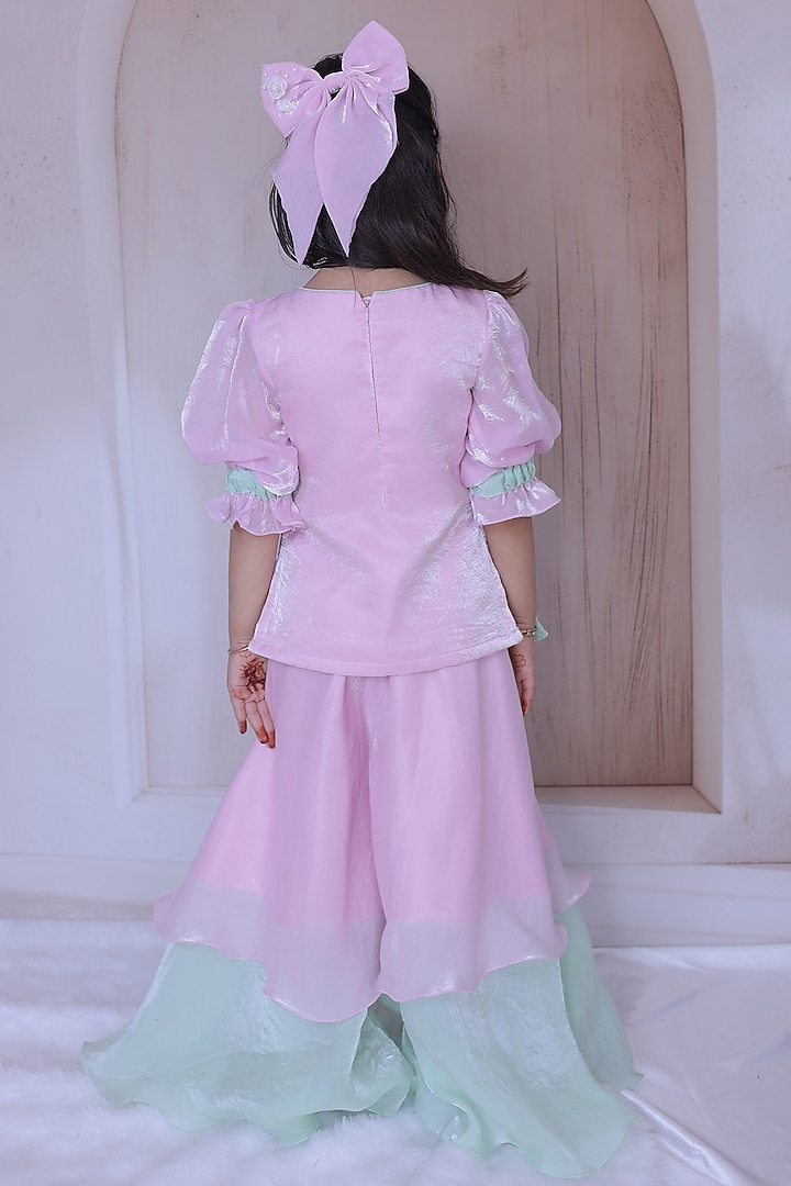 Pastel Pink & Pastel Green Space Silk Sharara Set For Girls by Little Loom at Pernia's Pop Up Shop