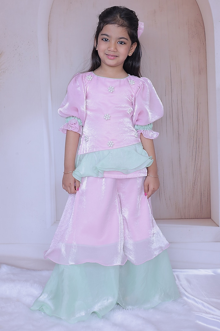 Pastel Pink & Pastel Green Space Silk Sharara Set For Girls by Little Loom at Pernia's Pop Up Shop