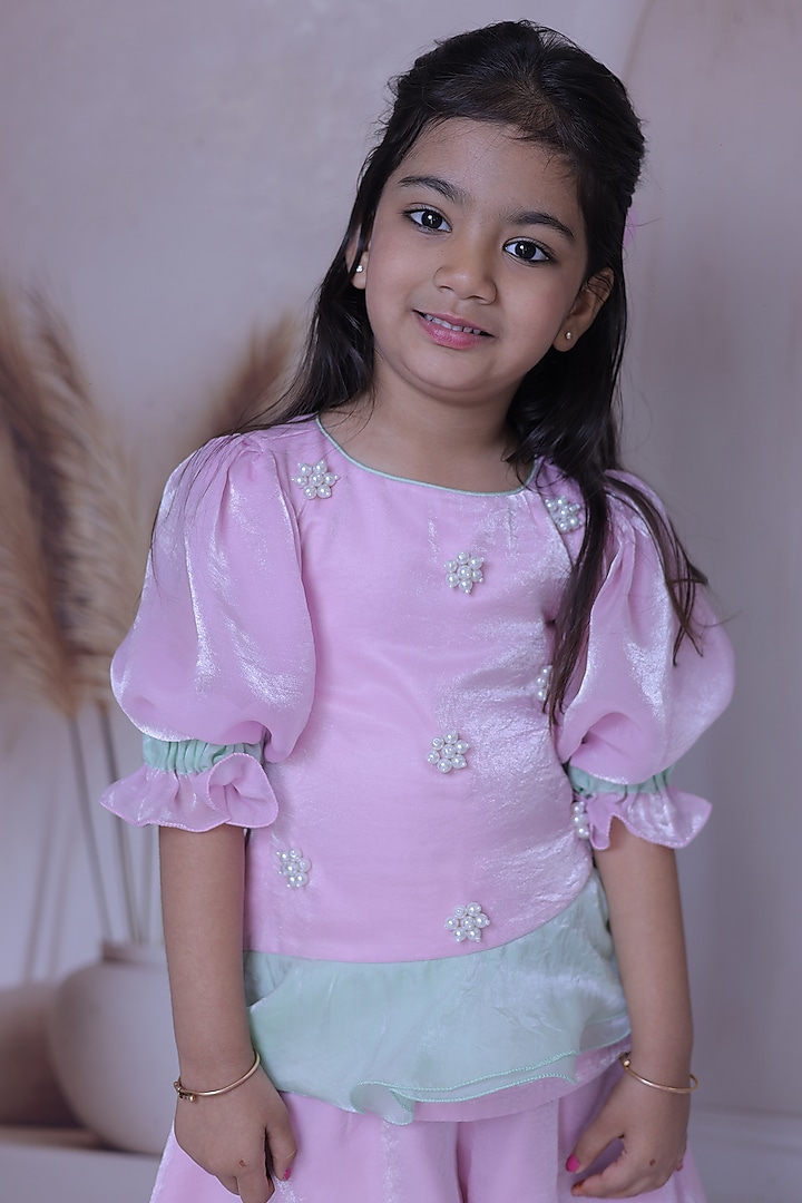 Pastel Pink & Pastel Green Space Silk Sharara Set For Girls by Little Loom at Pernia's Pop Up Shop