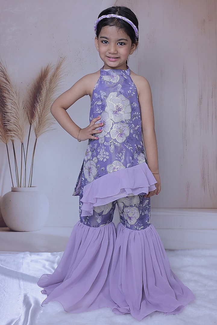 Lavender Silk Embroidered Sharara Set For Girls by Little Loom at Pernia's Pop Up Shop