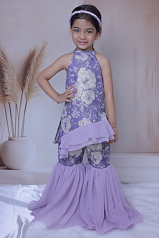 Lavender Silk Embroidered Sharara Set For Girls by Little Loom