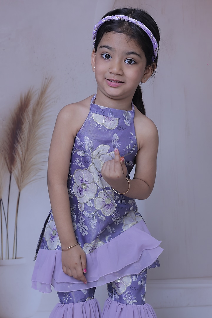 Lavender Silk Embroidered Sharara Set For Girls by Little Loom at Pernia's Pop Up Shop