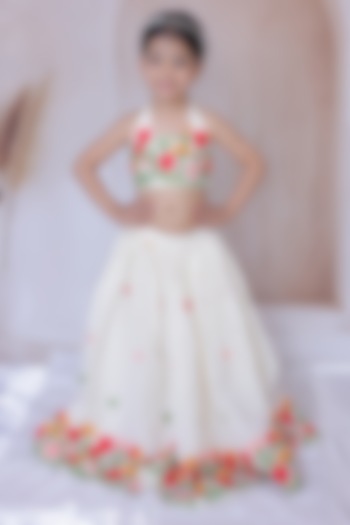 Cream Kora Cotton Thread Work Lehenga Set For Girls by Little Loom at Pernia's Pop Up Shop