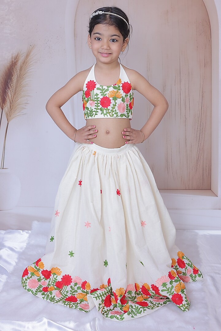 Cream Kora Cotton Thread Work Lehenga Set For Girls by Little Loom at Pernia's Pop Up Shop