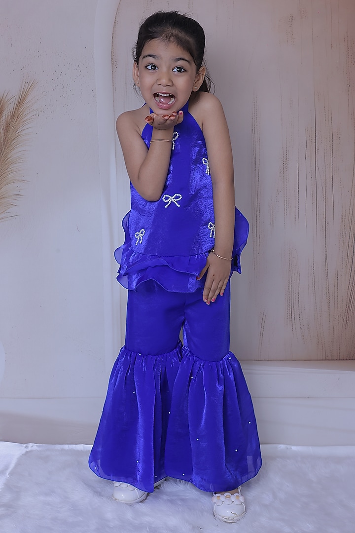 Electric Blue Space Silk & Silk Sharara Set For Girls by Little Loom at Pernia's Pop Up Shop