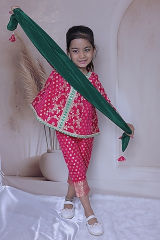 Magenta Pink Brocade Kurta Set For Girls by Little Loom