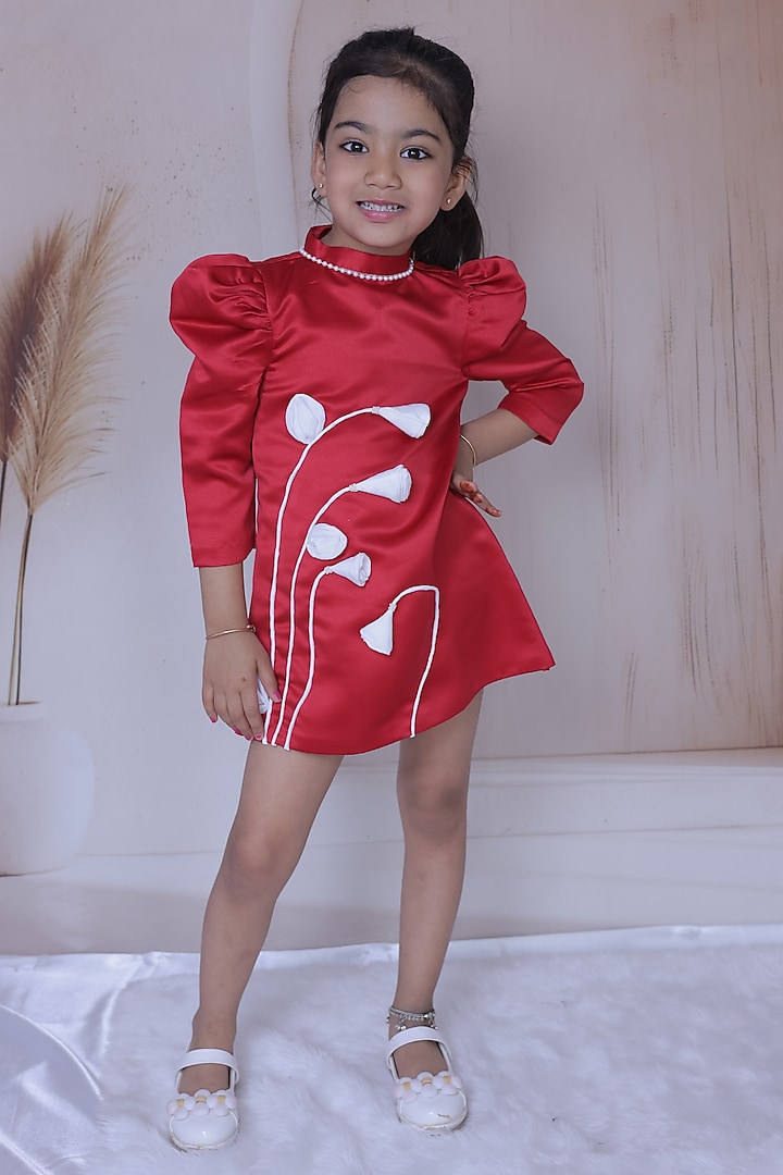 Red Butter Satin Embroidered Dress For Girls by Little Loom at Pernia's Pop Up Shop