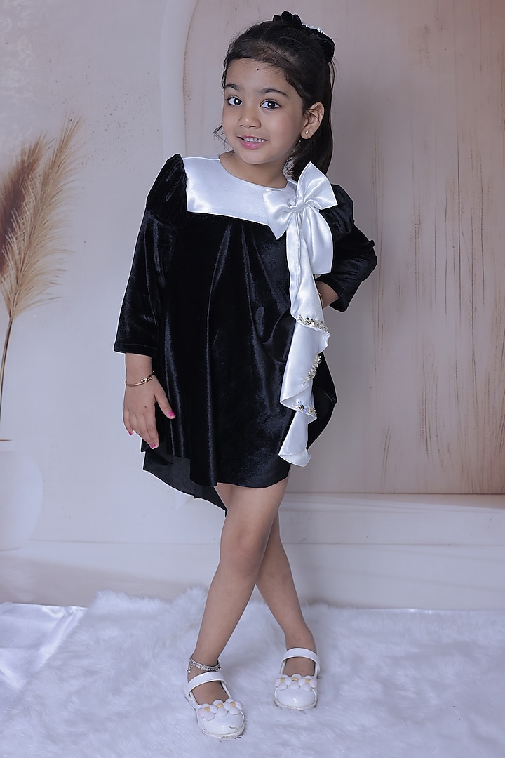 Black Velvet Embellished Dress For Girls by Little Loom at Pernia's Pop Up Shop