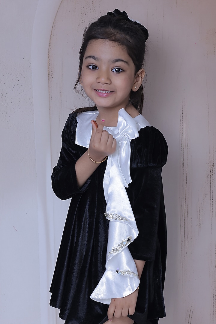 Black Velvet Embellished Dress For Girls by Little Loom at Pernia's Pop Up Shop