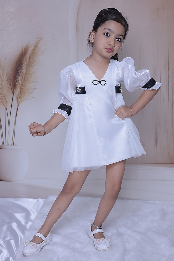 White Net Embellished Dress For Girls by Little Loom at Pernia's Pop Up Shop