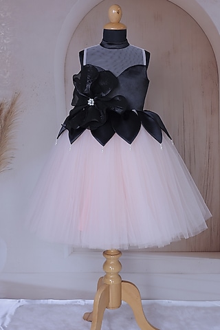 Black & Peach Net Embellished Dress For Girls by Little Loom