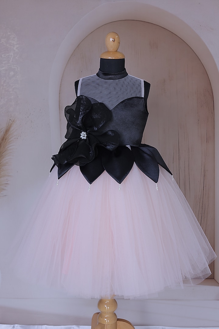 Black & Peach Net Embellished Dress For Girls by Little Loom at Pernia's Pop Up Shop