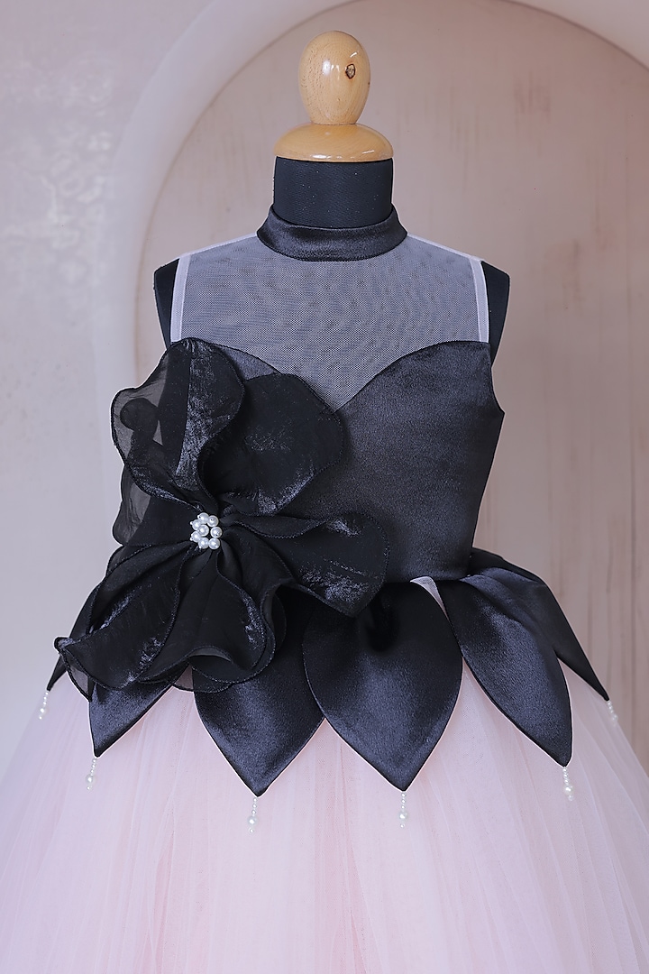 Black & Peach Net Embellished Dress For Girls by Little Loom at Pernia's Pop Up Shop
