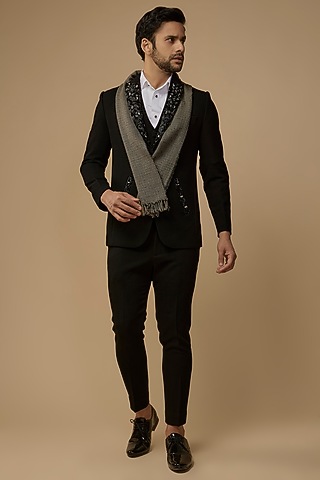 Black Textured Viscose Metallic Embroidered Tuxedo Set by LABEL POOJA RANKA