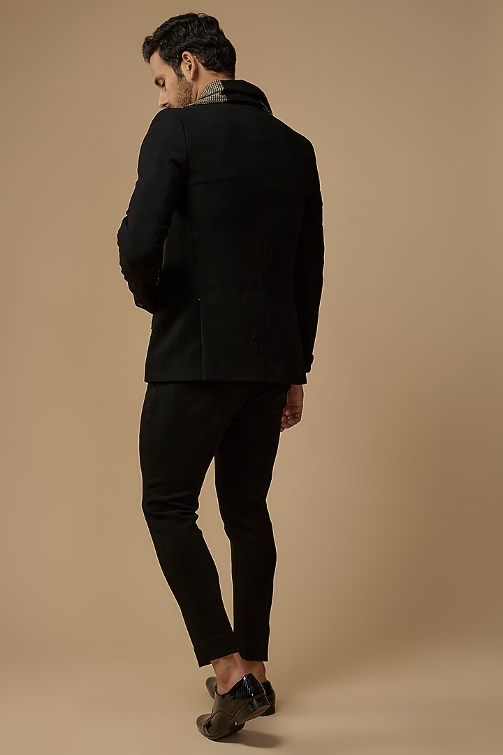 Black Textured Viscose Metallic Embroidered Tuxedo Set by LABEL POOJA RANKA at Pernia's Pop Up Shop