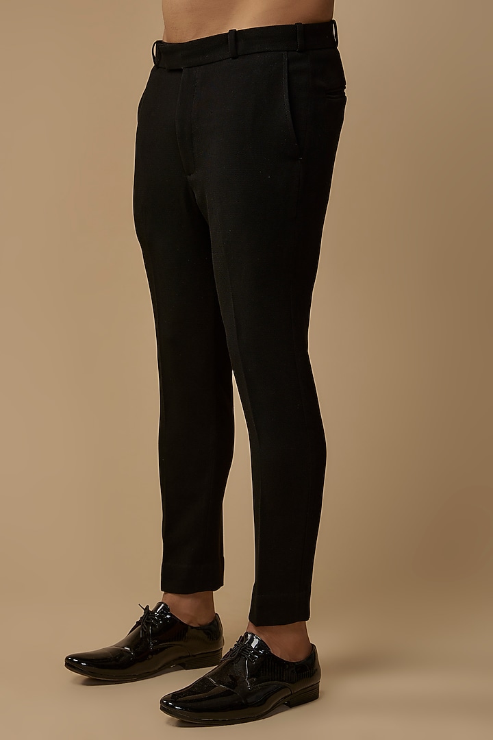 Black Textured Viscose Metallic Embroidered Tuxedo Set by LABEL POOJA RANKA at Pernia's Pop Up Shop