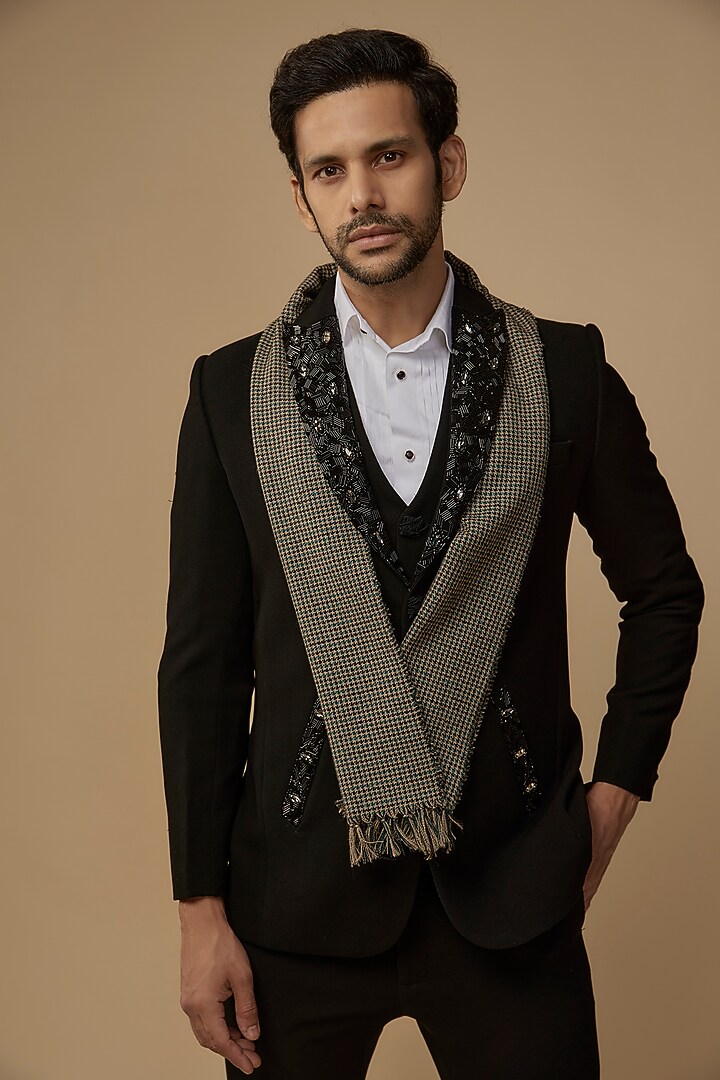 Black Textured Viscose Metallic Embroidered Tuxedo Set by LABEL POOJA RANKA at Pernia's Pop Up Shop
