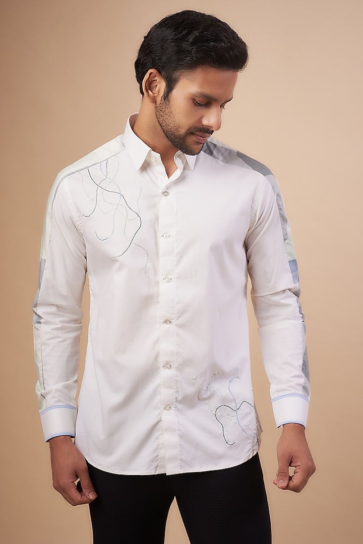 Ivory Glazed Cotton Abstract Printed & Embroidered Shirt by LABEL POOJA RANKA