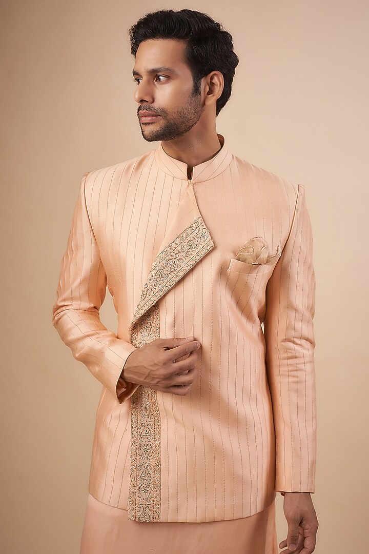 Pastel Peach Pure Silk Zardosi Embroidered Wedding Bandhgala Set by LABEL POOJA RANKA at Pernia's Pop Up Shop