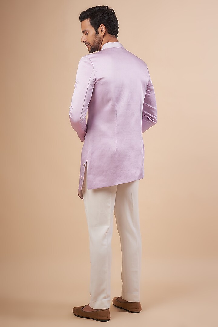 Pink Linen Satin Mirror Embroidered Wedding Sherwani Set by LABEL POOJA RANKA at Pernia's Pop Up Shop