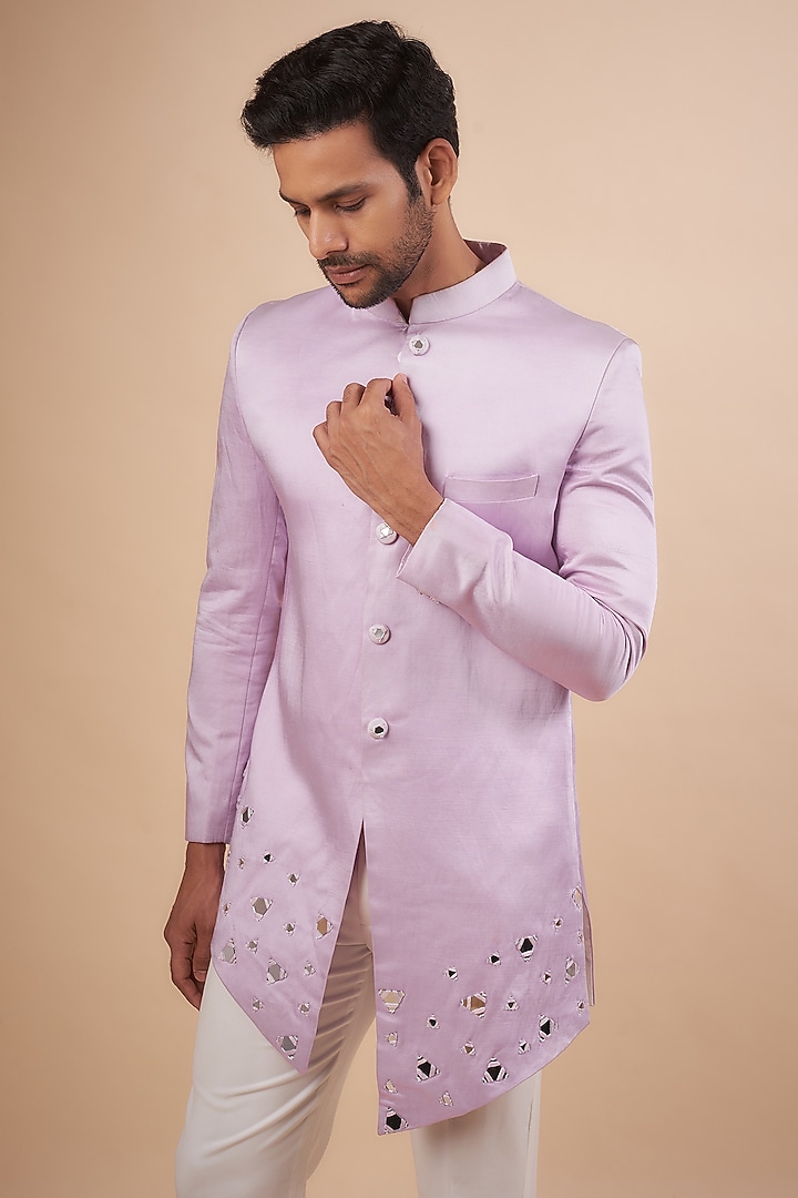Pink Linen Satin Mirror Embroidered Wedding Sherwani Set by LABEL POOJA RANKA at Pernia's Pop Up Shop