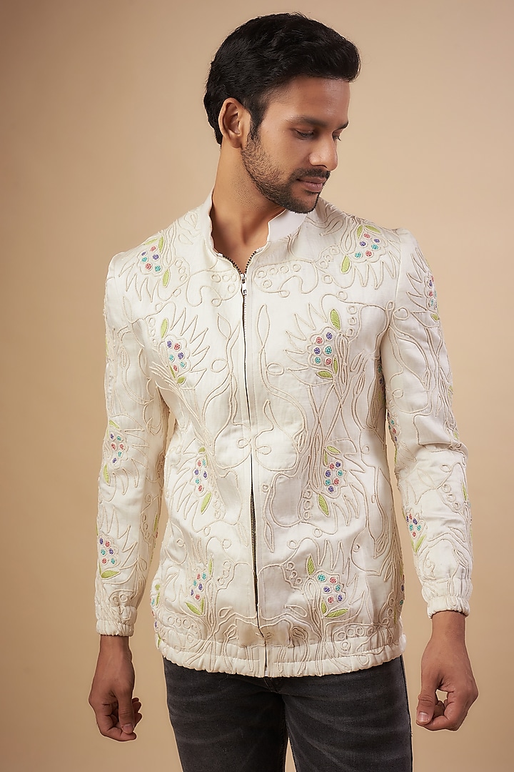 Ivory Linen Satin Cord Embroidered Bomber Jacket by LABEL POOJA RANKA