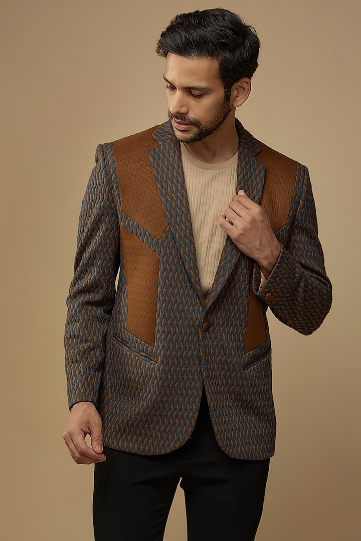 Brown Quilted Suiting Knit Blazer Jacket by LABEL POOJA RANKA