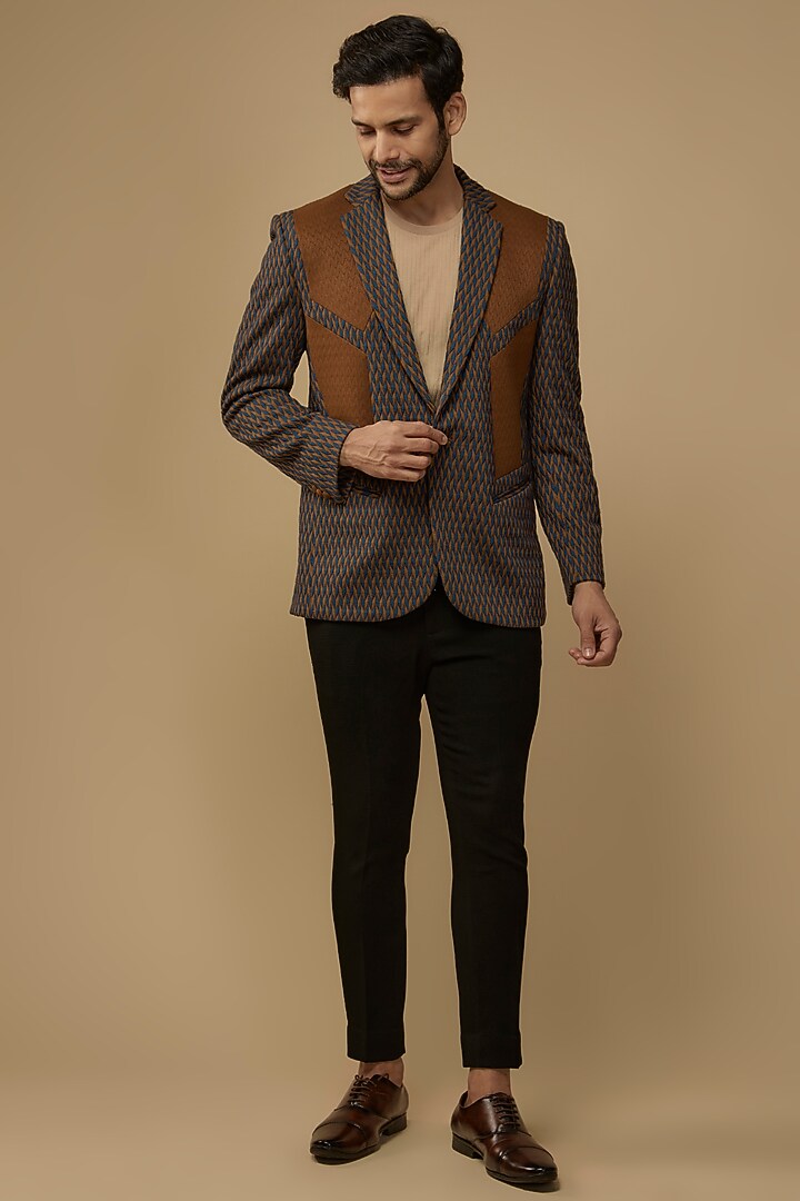 Brown Quilted Suiting Knit Blazer Jacket by LABEL POOJA RANKA at Pernia's Pop Up Shop