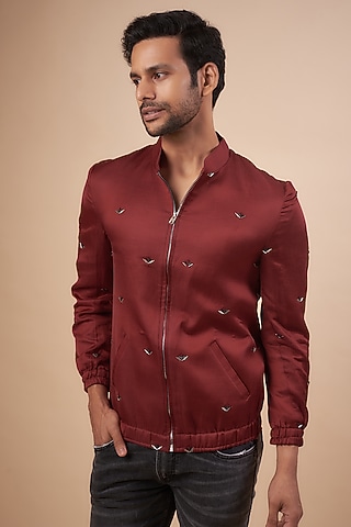 Maroon Linen Satin Cutdana Embroidered Bomber Jacket by LABEL POOJA RANKA