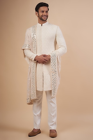 Ivory Georgette French Knot Embroidered Sherwani Set by LABEL POOJA RANKA
