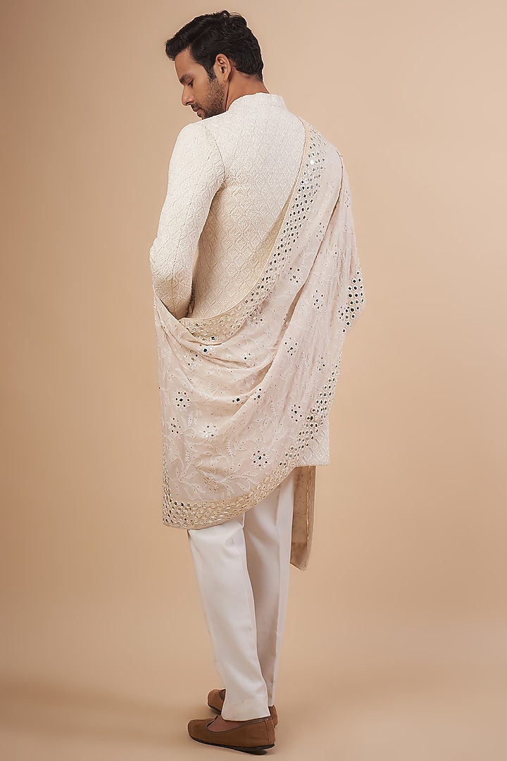 Ivory Georgette French Knot Embroidered Groom Sherwani Set by LABEL POOJA RANKA at Pernia's Pop Up Shop