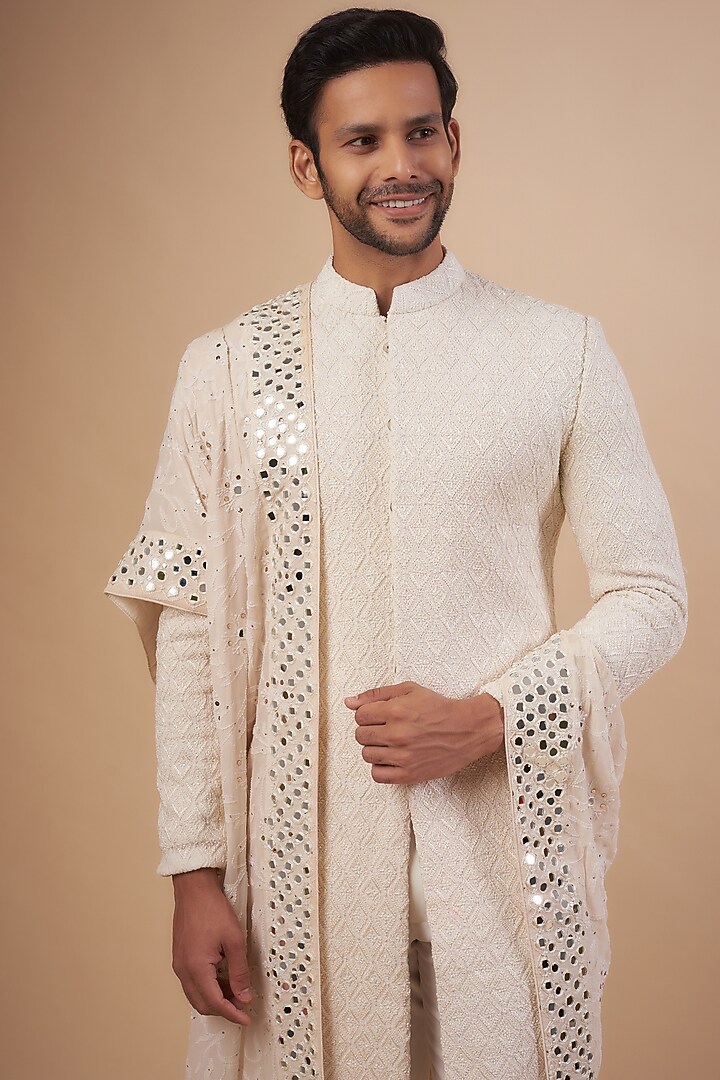 Ivory Georgette French Knot Embroidered Groom Sherwani Set by LABEL POOJA RANKA at Pernia's Pop Up Shop