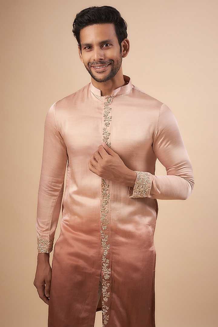 Rust Orange Ombre Zardosi Embroidered Kurta by LABEL POOJA RANKA at Pernia's Pop Up Shop