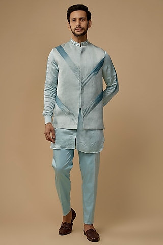 Blue Shimmer Linen Satin Pleated Bundi Jacket Set by LABEL POOJA RANKA
