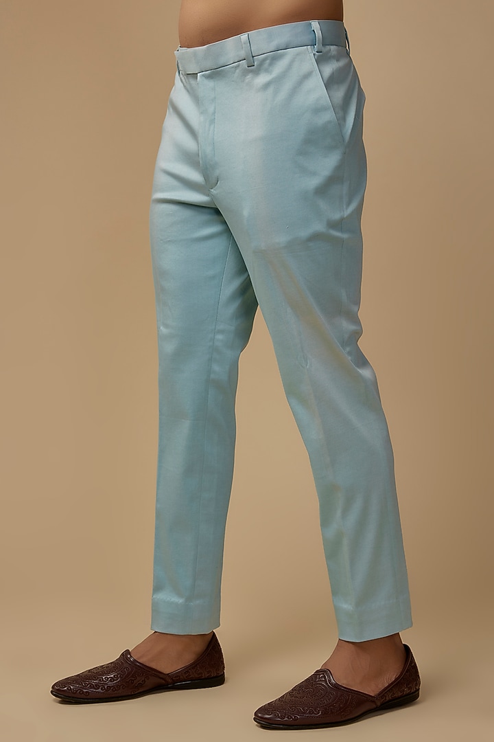 Blue Shimmer Linen Satin Pleated Bundi Jacket Set by LABEL POOJA RANKA at Pernia's Pop Up Shop
