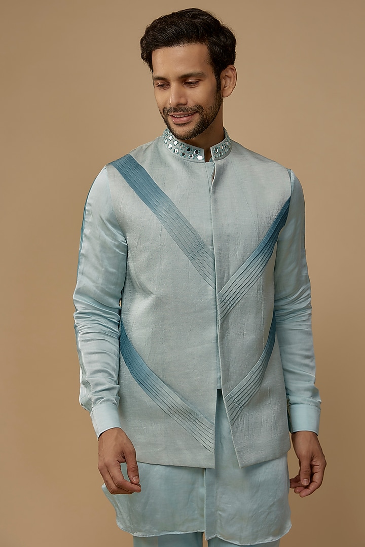 Blue Shimmer Linen Satin Pleated Bundi Jacket Set by LABEL POOJA RANKA at Pernia's Pop Up Shop