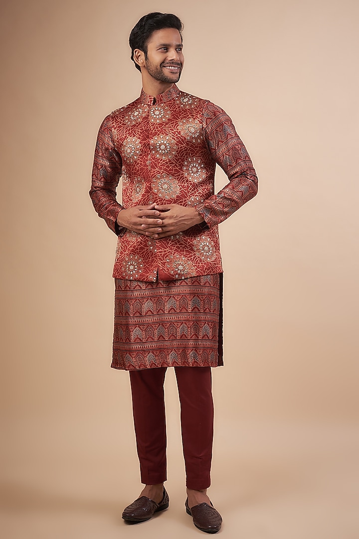Red Modal Satin Ajrakh Printed Bundi Jacket Set by LABEL POOJA RANKA