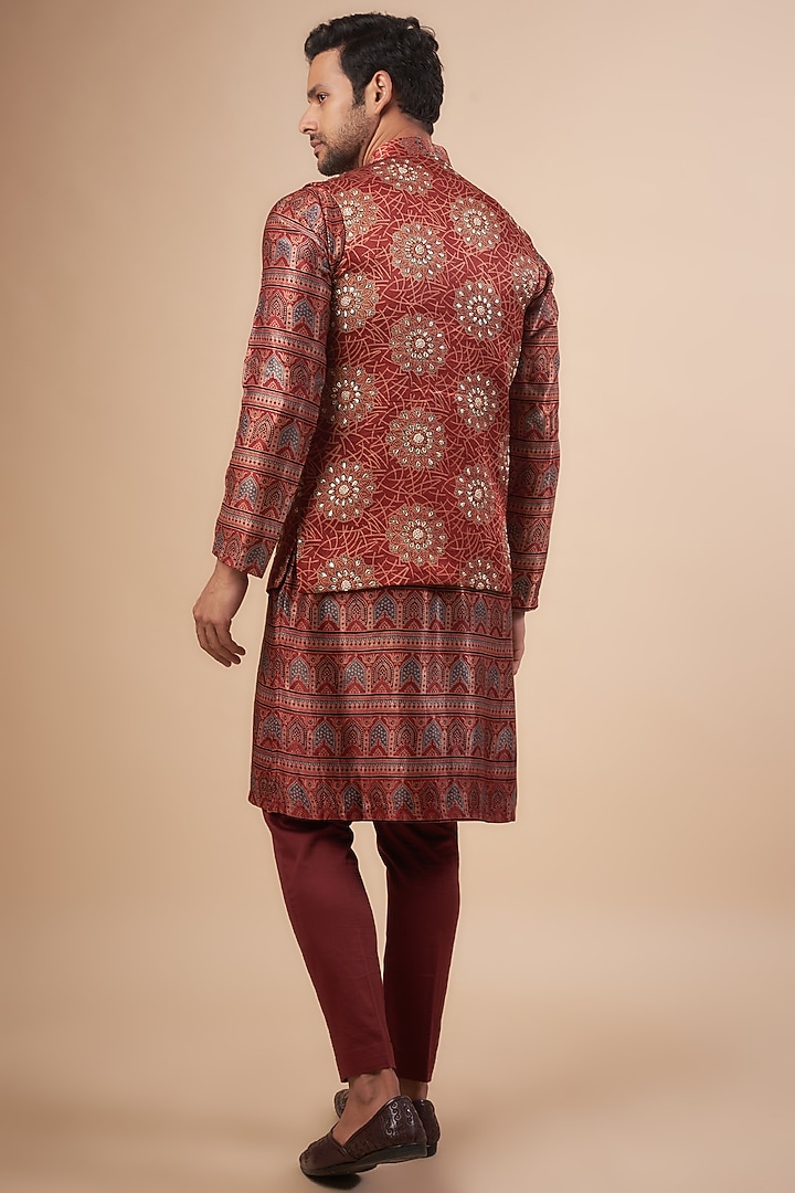 Red Modal Satin Ajrakh Printed Bundi Jacket Set by LABEL POOJA RANKA at Pernia's Pop Up Shop