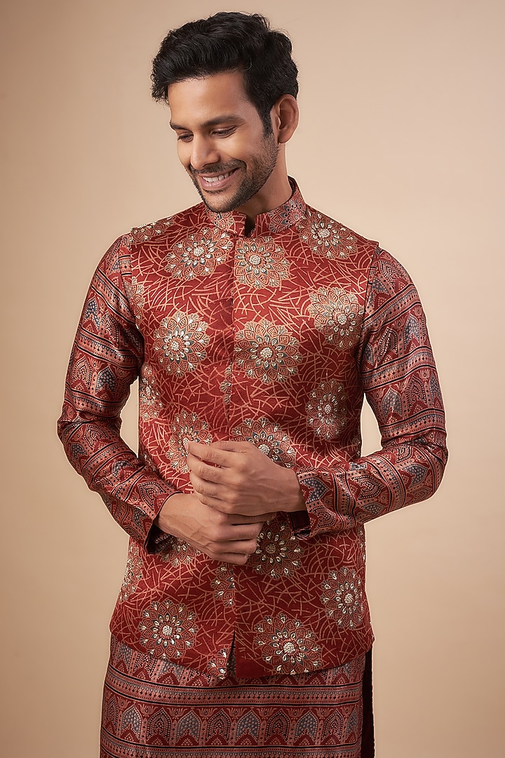 Red Modal Satin Ajrakh Printed Bundi Jacket Set by LABEL POOJA RANKA at Pernia's Pop Up Shop
