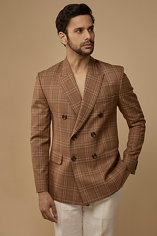 Brown Terry Rayon Checks Printed Blazer by LABEL POOJA RANKA