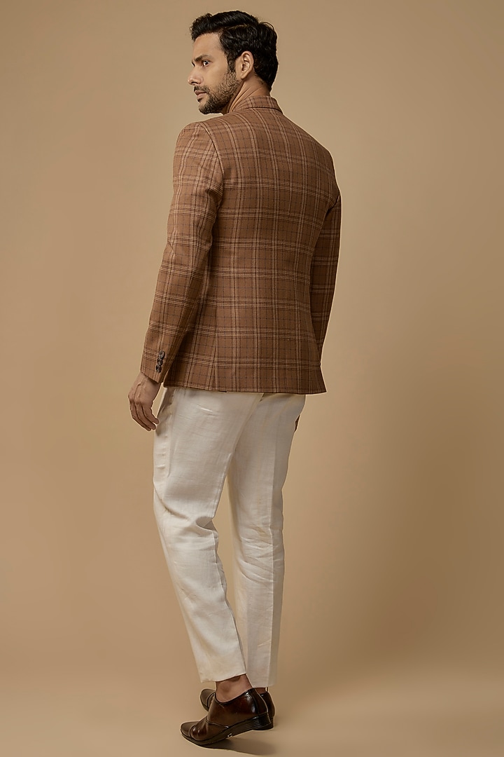 Brown Terry Rayon Checks Printed Blazer by LABEL POOJA RANKA at Pernia's Pop Up Shop