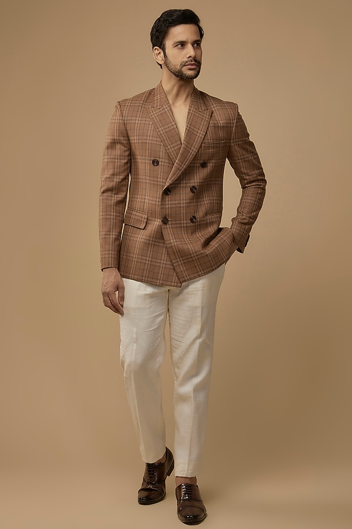 Brown Terry Rayon Checks Printed Blazer by LABEL POOJA RANKA at Pernia's Pop Up Shop