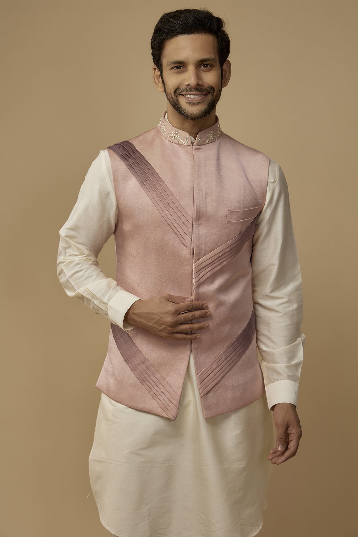Pink Shimmer Linen Satin Pleated Bundi Jacket by LABEL POOJA RANKA at Pernia s Pop Up Shop 2024