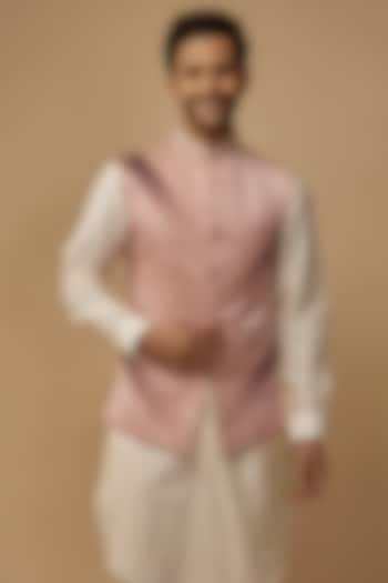 Pink Shimmer Linen Satin Pleated Bundi Jacket by LABEL POOJA RANKA