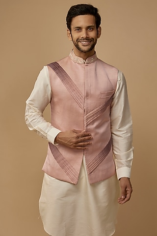 Pink Shimmer Linen Satin Pleated Bundi Jacket by LABEL POOJA RANKA