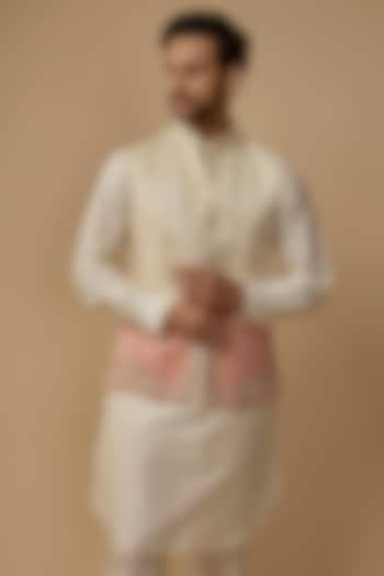 Ivory & Pink Linen Satin Zardosi Embroidered Shaded Bundi Jacket by LABEL POOJA RANKA