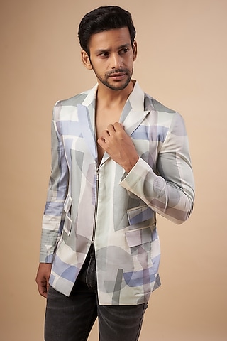 Multi-Colored Glazed Cotton Abstract Printed Blazer by LABEL POOJA RANKA