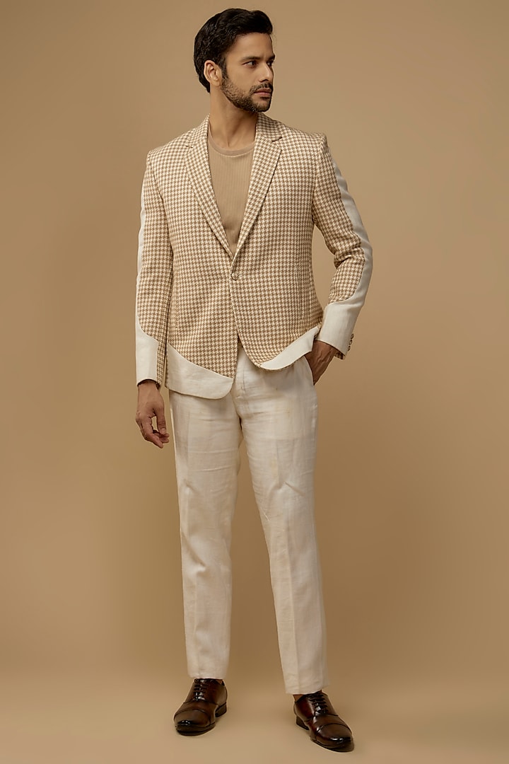 Beige Tweed Checks Printed Blazer Set by LABEL POOJA RANKA