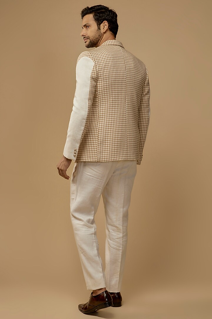 Beige Tweed Checks Printed Blazer Set by LABEL POOJA RANKA at Pernia's Pop Up Shop