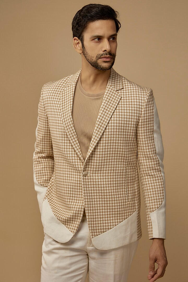 Beige Tweed Checks Printed Blazer Set by LABEL POOJA RANKA at Pernia's Pop Up Shop